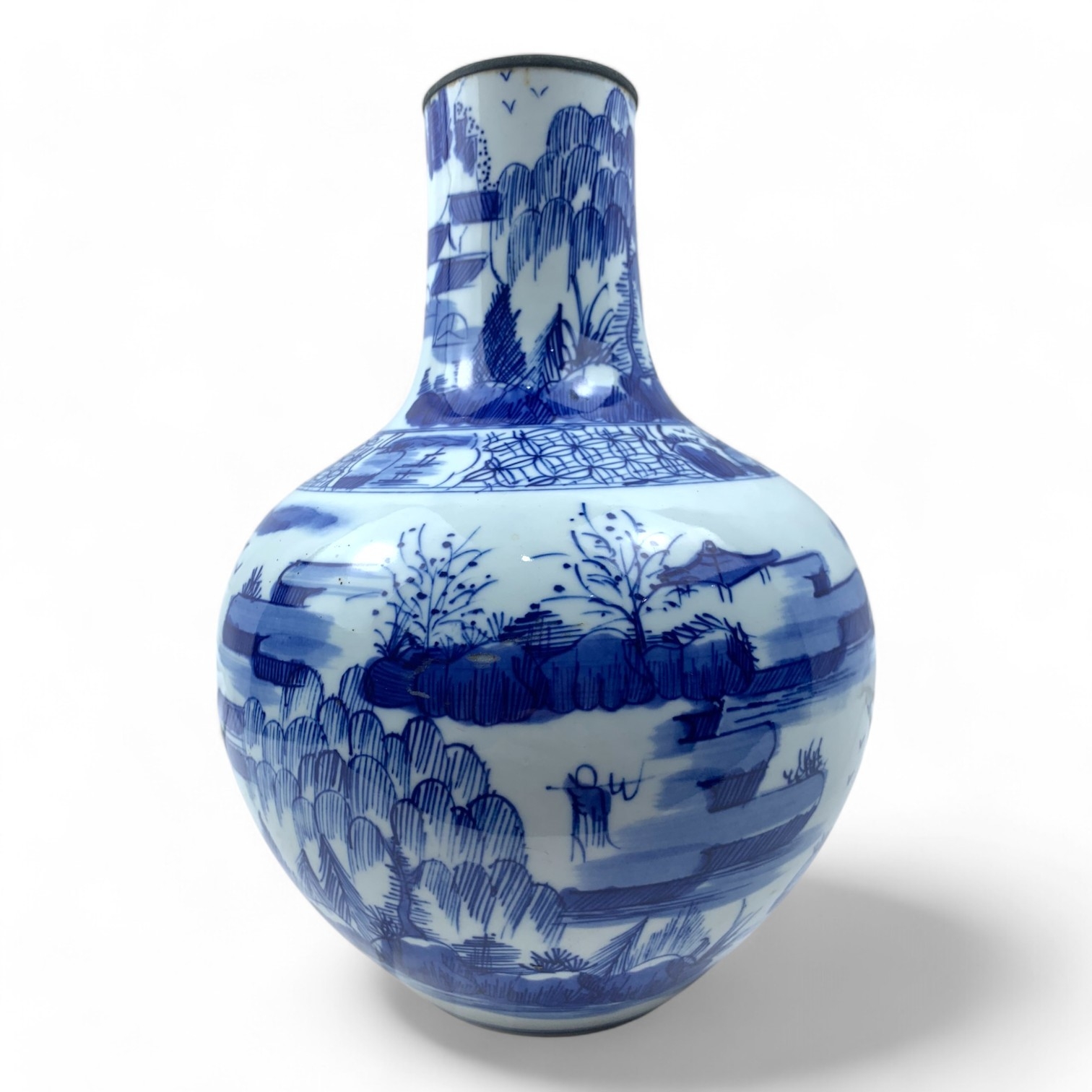 An antique Chinese Blue and White Porcelain Landscape Vase. Hand-painted porcelain with a glazed - Image 3 of 7