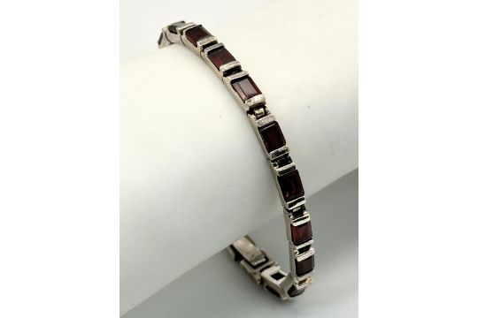 A Vintage Sterling Silver Garnet and Marcasite Set Tennis Bracelet-19cm Length. The Bracelet - Image 2 of 5