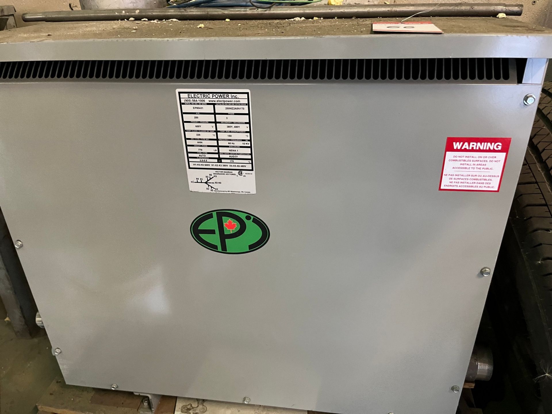 ELECTRIC POWER INC. 250KVA TRANSFORMER, 600Y PRIMARY, 380Y, 480Y SECONDARY - Image 2 of 3