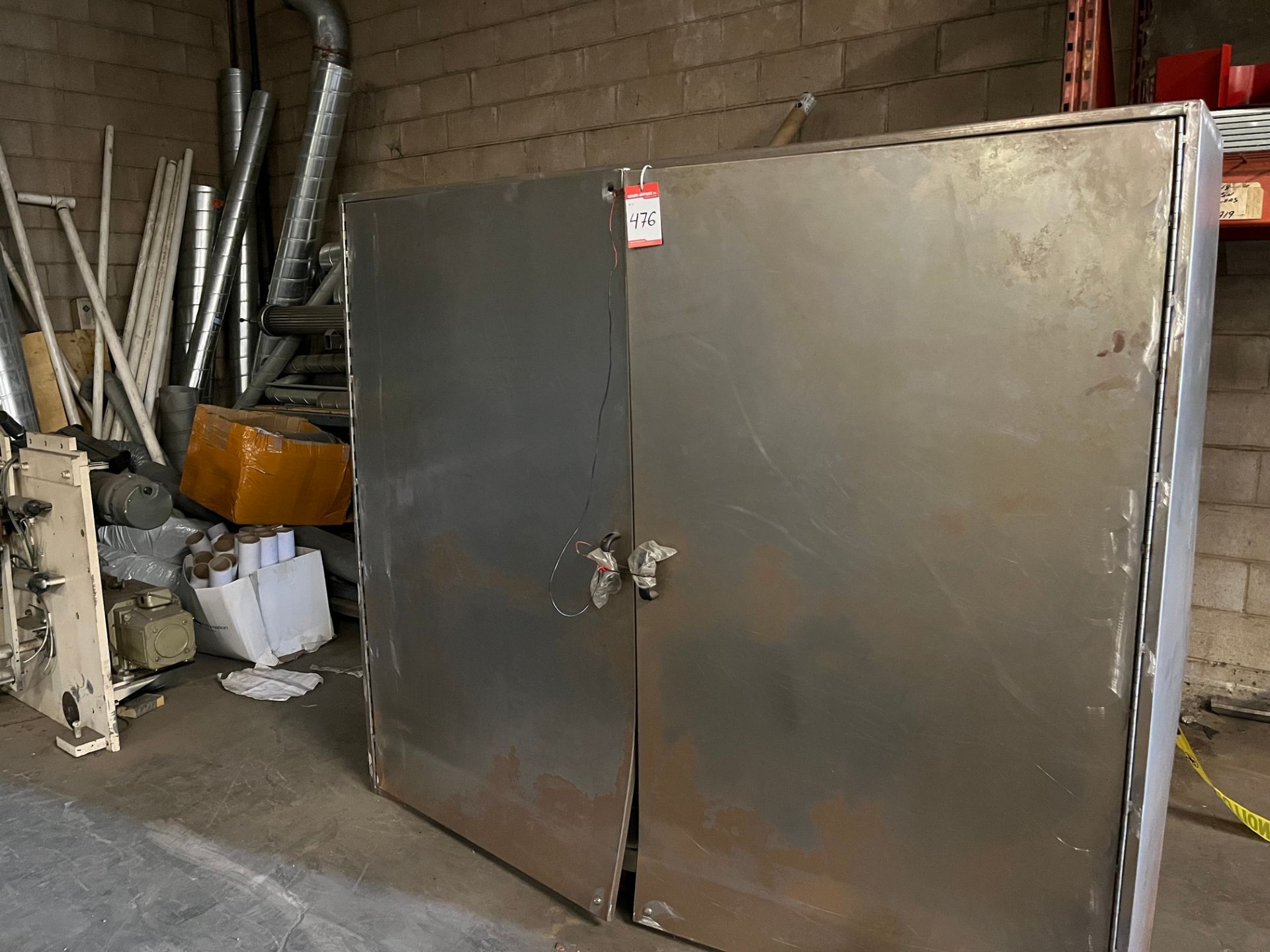 LOT OF METAL CABINET, DUCTING, METAL ROLLERS, ETC.