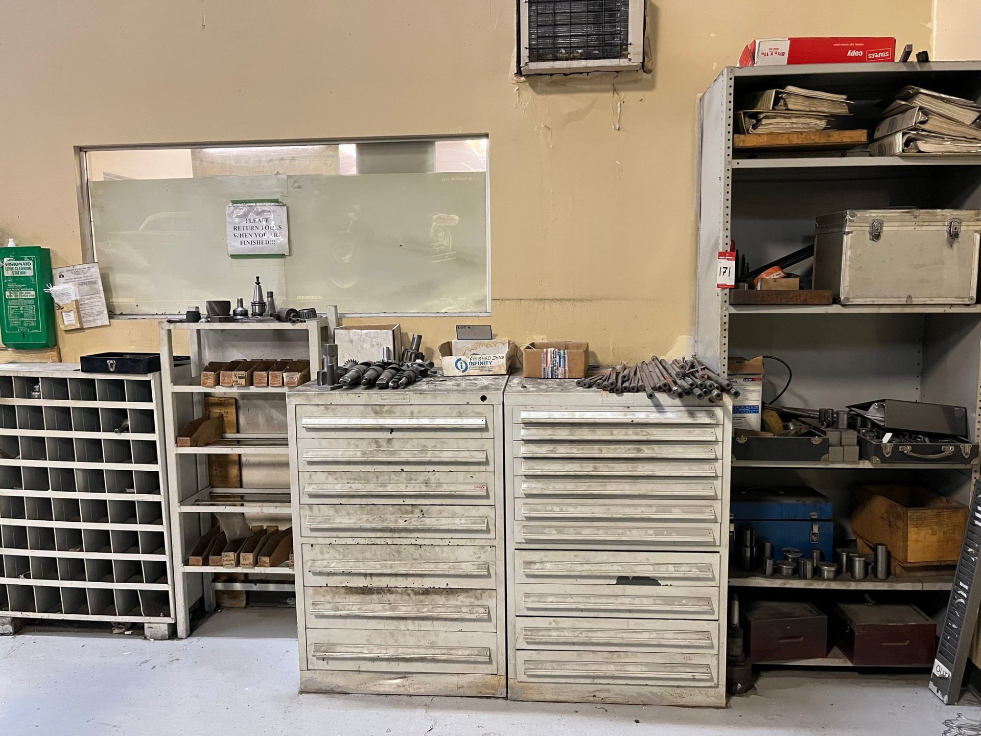LOT OF ASST. HEAVY DUTY STORAGE CABINET & RACKS W/ CONTENTS, TOOLING, REAMERS, TAPS, END MILLS,