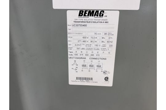 BEMAG 75KVA TRANSFORMER, 600V TO 277/480V (RIGGING FEE $100) - Image 2 of 2