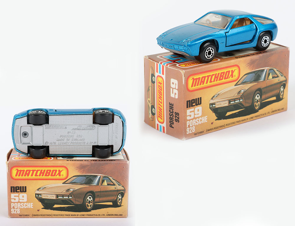 Matchbox Lesney Superfast MB-59 Porsche 928 with BLUE body and rare SILVER painted base