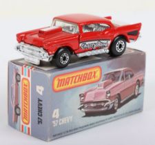 Matchbox Lesney Boxed Model MB-4 ’57 Chevy with RED body, WHITE Hood & Trunk prints