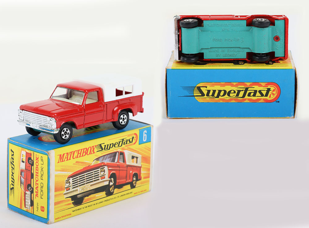 Matchbox Lesney Superfast MB-6 Ford Pick-Up with THIN 5-Spoke wheels and GREEN base