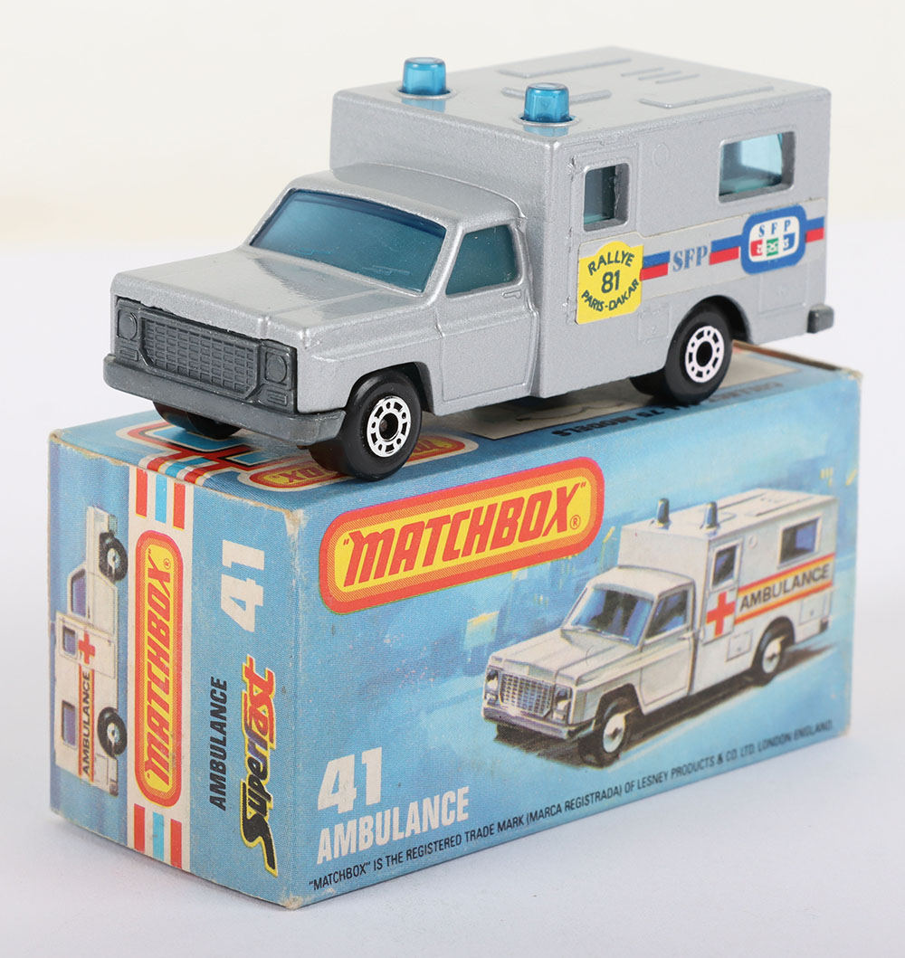 Matchbox Lesney Superfast MB-41 Ambulance with SILVER body and RALLYE 81 PARIS-DAKAR labels