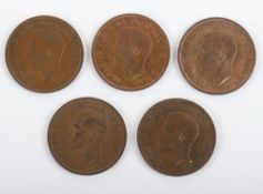 Five George VI pennies, 1940x2, 1944x2