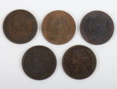 Victoria Farthings, 1900, 1861, 1865, 1864, 1896, Ef to UNC, (5)