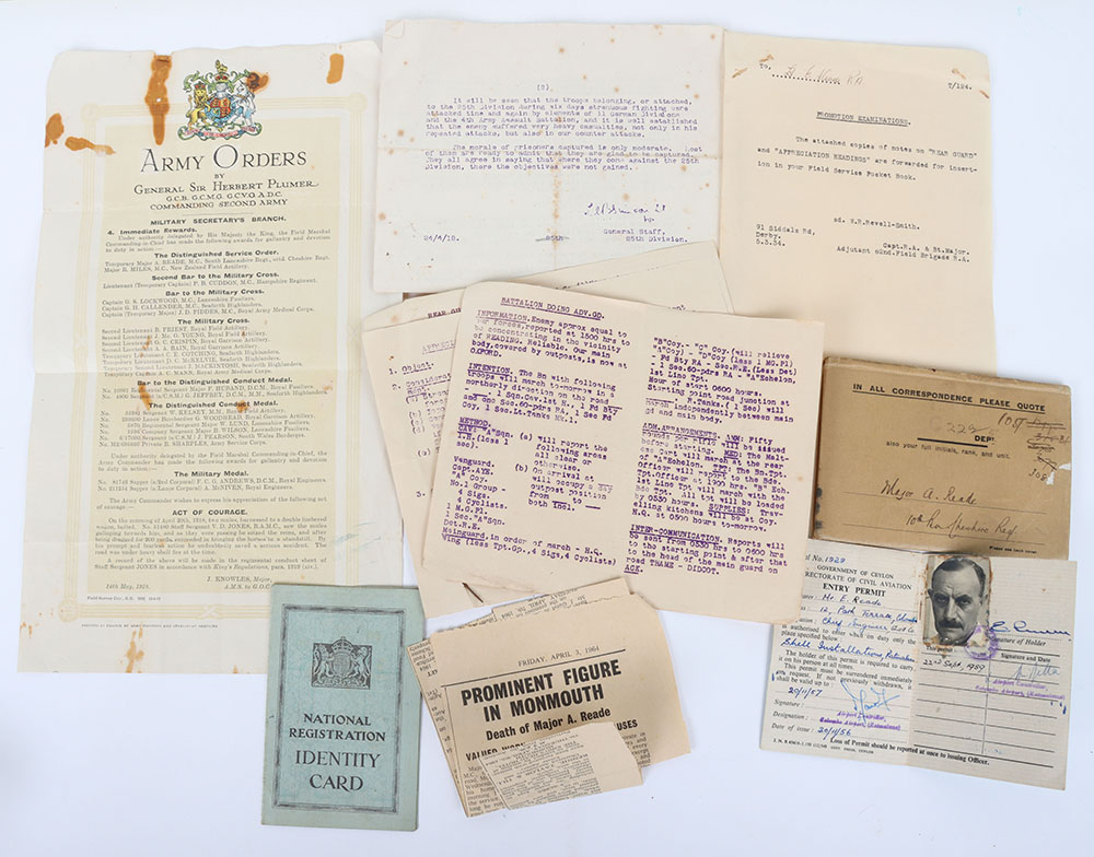 WW1 Ephemera relating to Major A.Reade