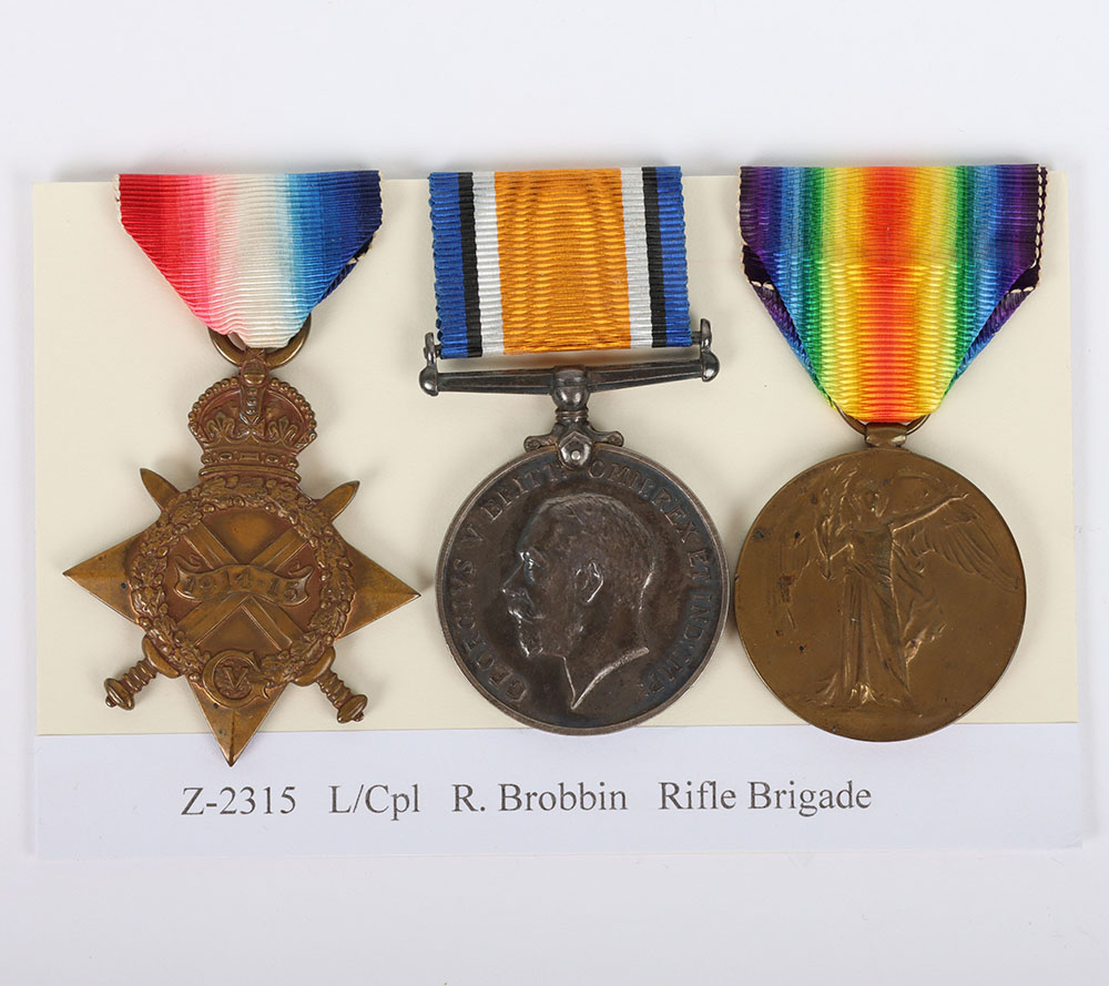 A Great War 1914-15 star medal trio to a recipient in the Rifle Brigade who was discharged due to wo