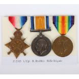 A Great War 1914-15 star medal trio to a recipient in the Rifle Brigade who was discharged due to wo