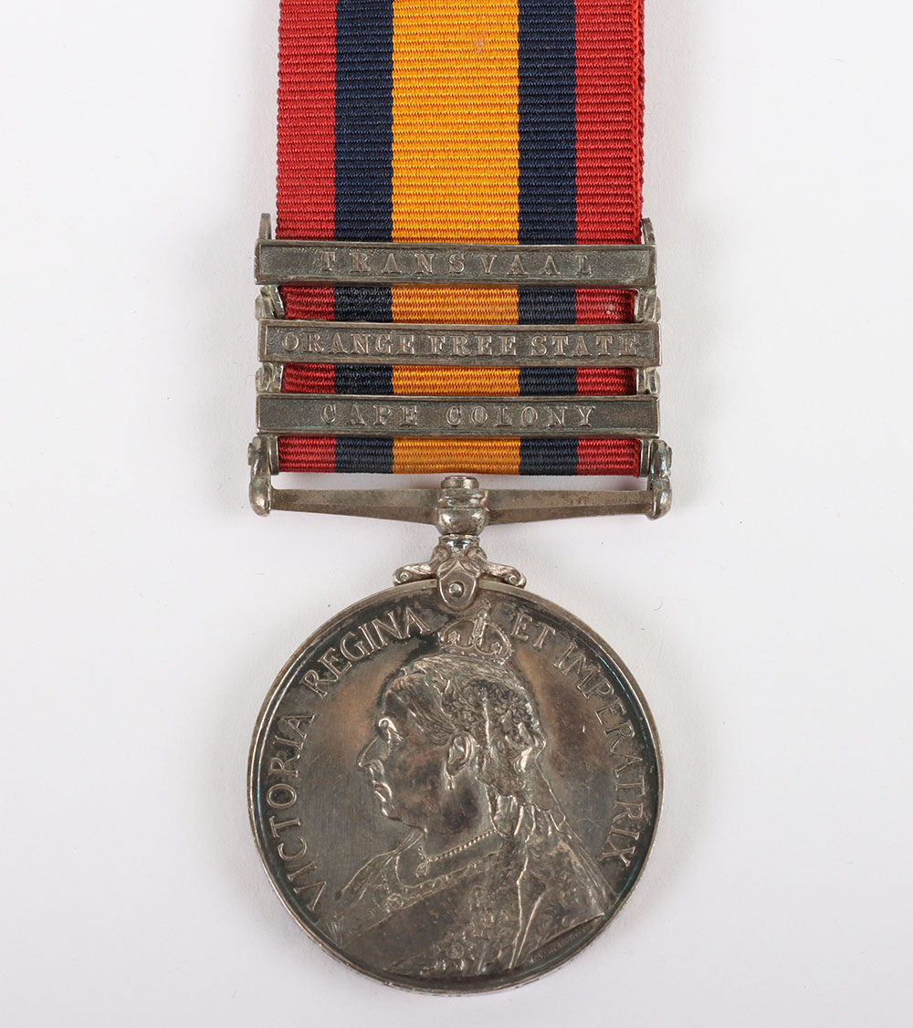 An interesting 3-clasp Queens South Africa medal to a recipient in the Leinster Regiment who was sen