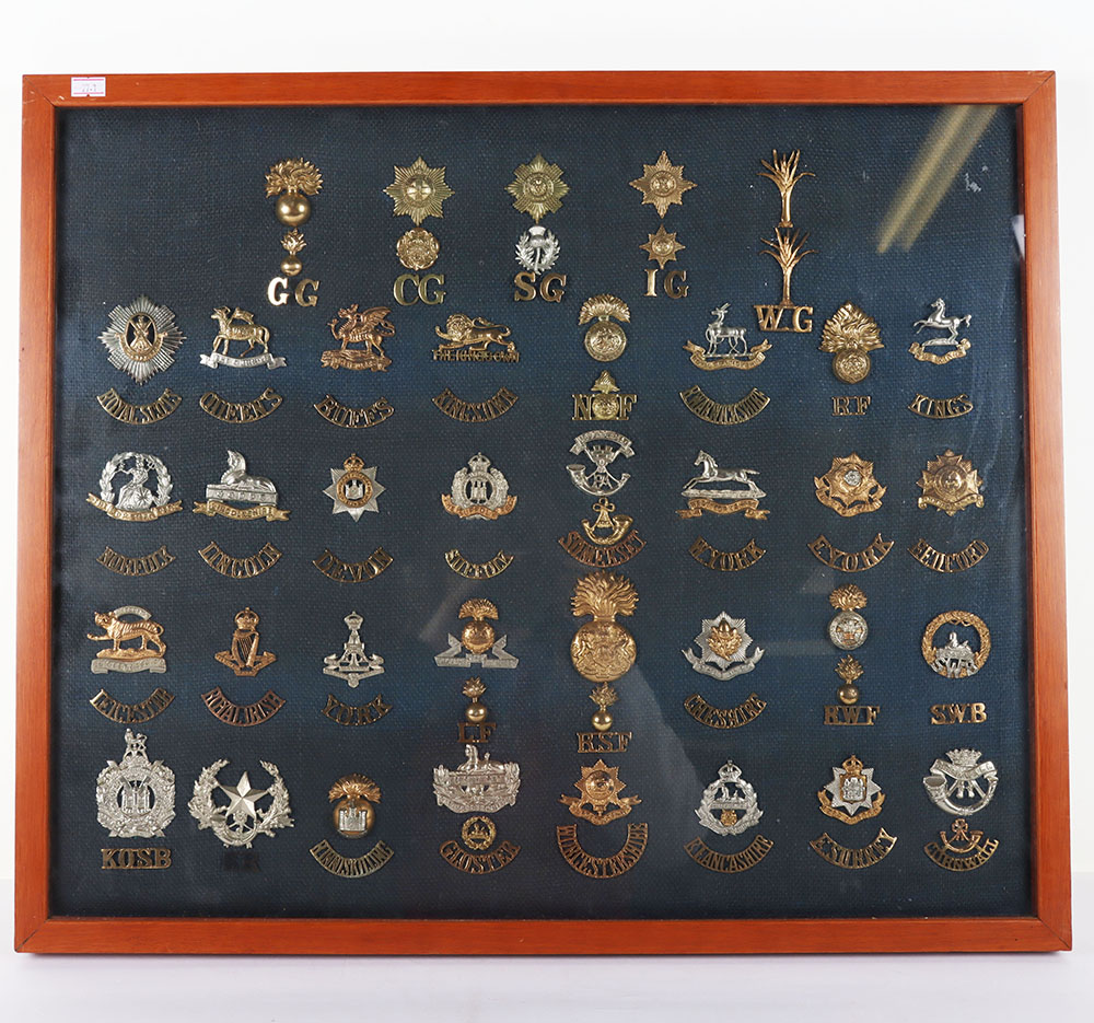 Framed Collection of British  Infantry Cap Badges and Shoulder Titles