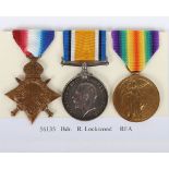 A Great War 1914-15 Star trio of medals to a Bombardier in the Royal Field Artillery