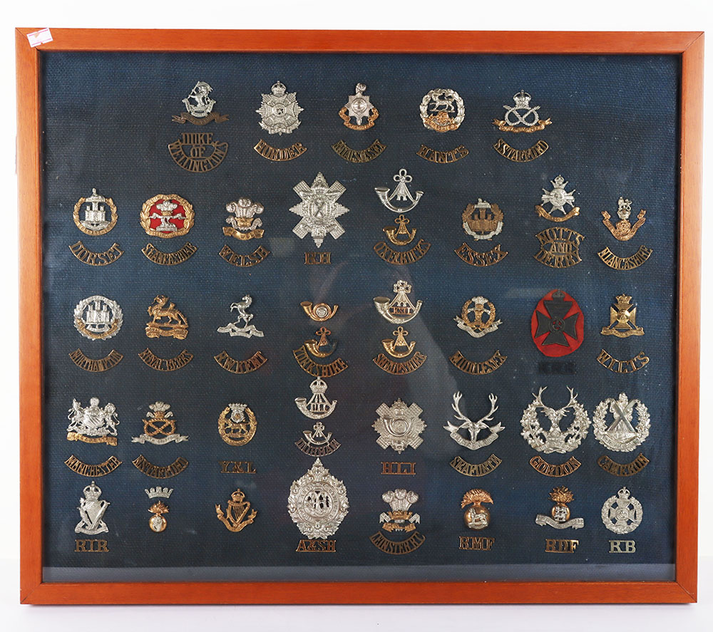 Framed Collection of British Infantry Cap Badges and Shoulder Titles