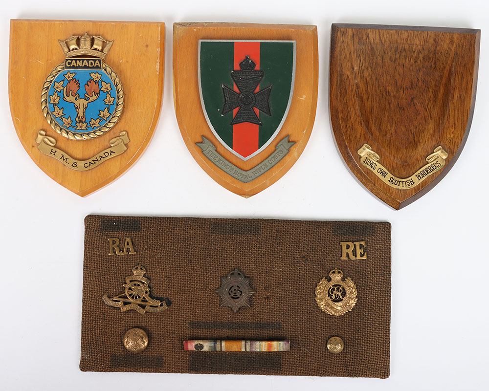 Small card of Corps cap badges, shoulder titles & buttons to the Royal Engineers, Royal Artillery an