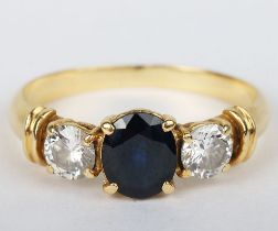 Sapphire & Diamond Claw/Gallery-set Trilogy Yellow Metal Ring