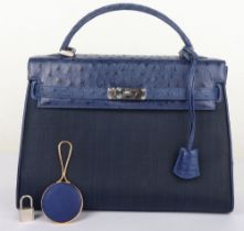 William & Son Blue Ostrich Leather Handbag with Vanity Accessory