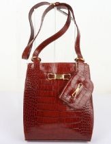 Brown Croc/Snake Leather Satchel Bag with Mini Purse