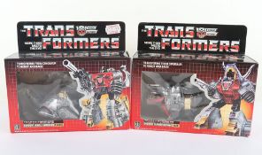 Two Vintage G1 Transformers Dinobots Jungle Warrior Sludge boxed and Dinobot Flamethrower Slag boxed