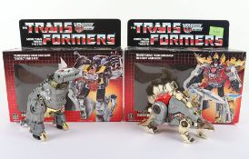 Two Vintage G1 Transformers Dinobots Commander Grimlock boxed and Dinobot Desert Warrior Snarl boxed