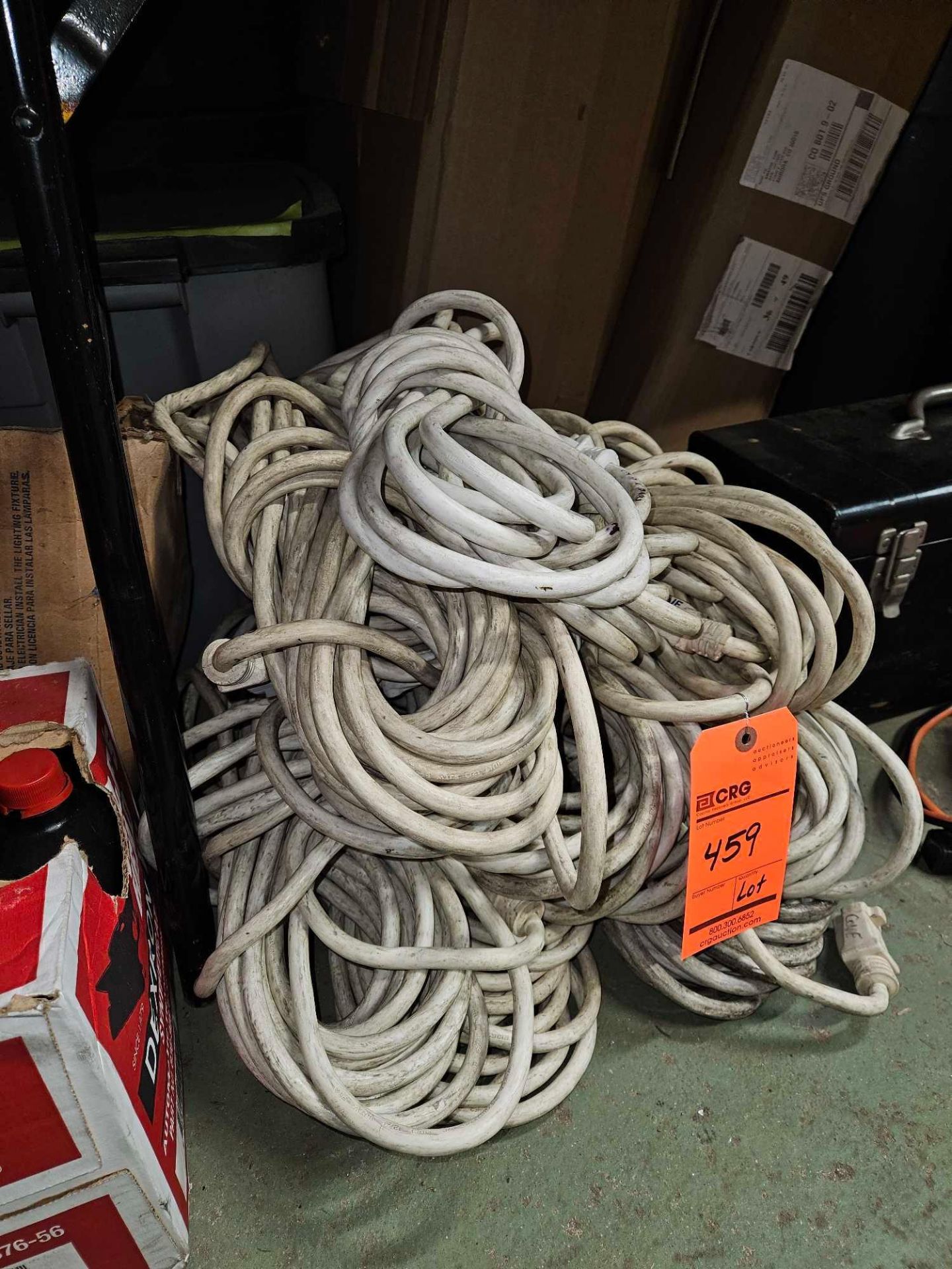 Lot of (11) assorted 12/3 white extension cords with single tap, (VARIOUS LENGTHS 10 to 50 feet) - Image 2 of 4
