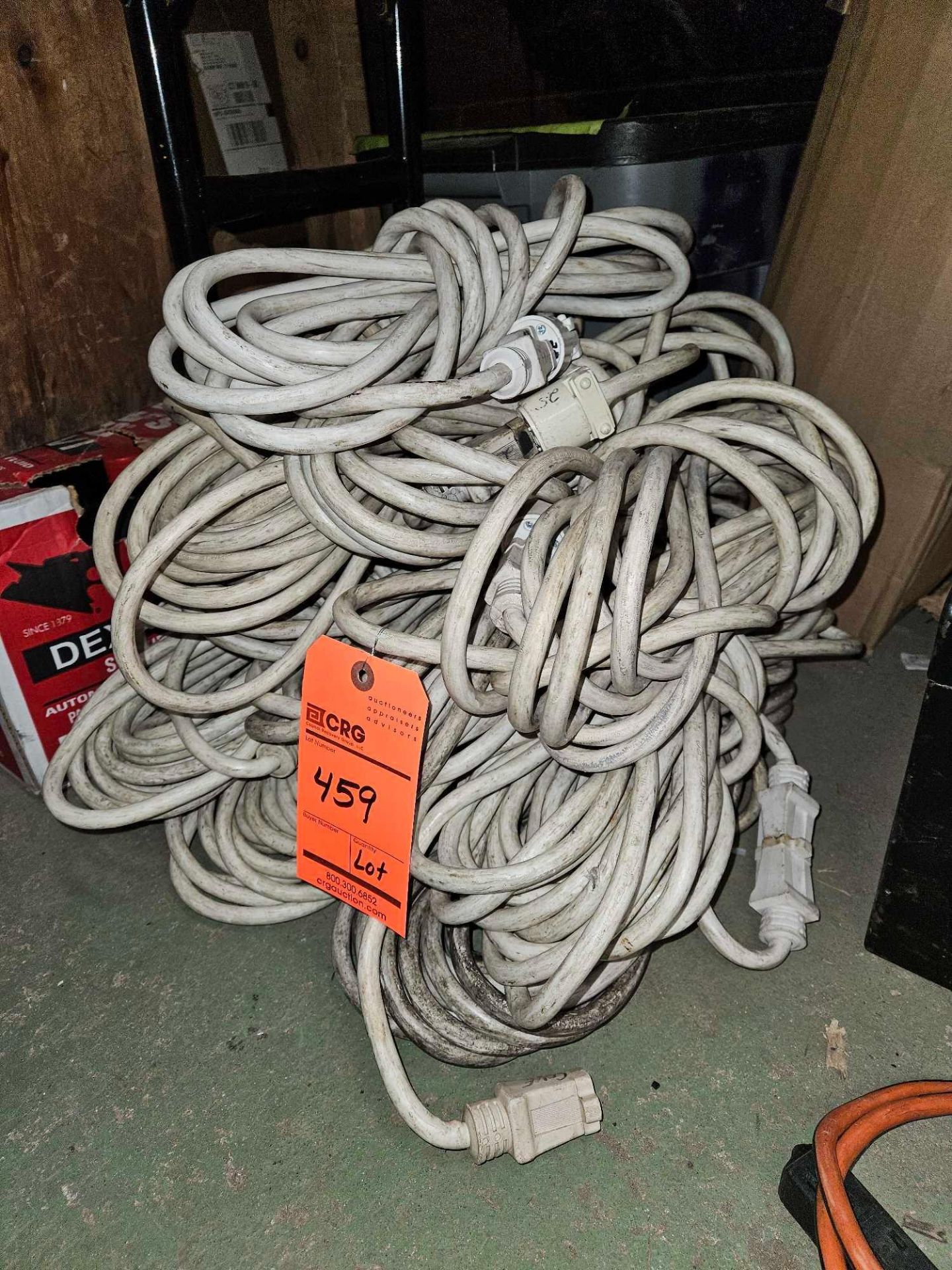 Lot of (11) assorted 12/3 white extension cords with single tap, (VARIOUS LENGTHS 10 to 50 feet)