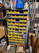 Lot of assorted washers, bolts, screws, shackles, hooks, contents of 3 shelves, shelves included