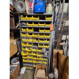Lot of assorted washers, bolts, screws, shackles, hooks, contents of 3 shelves, shelves included