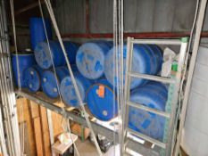 Lot of (8) 55 gallon plastic blue barrels with white vinyl covers