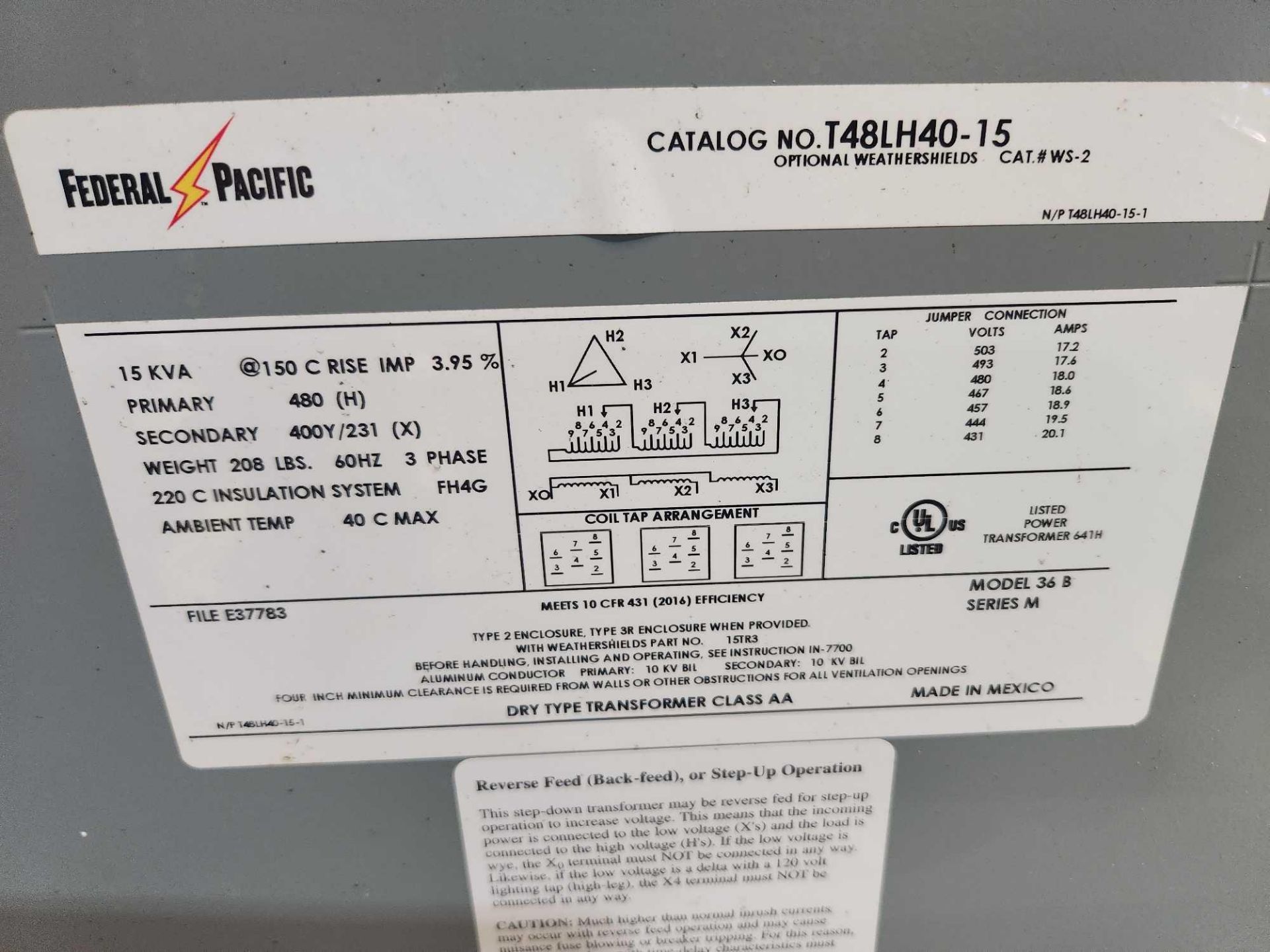 Federal Pacific T48LH40-15 transformer (WAREHOUSE) - Image 2 of 2