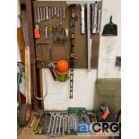 Lot of assorted hand tools, including wrenches, tapes, cutters, hammers, levels, screwdrivers,