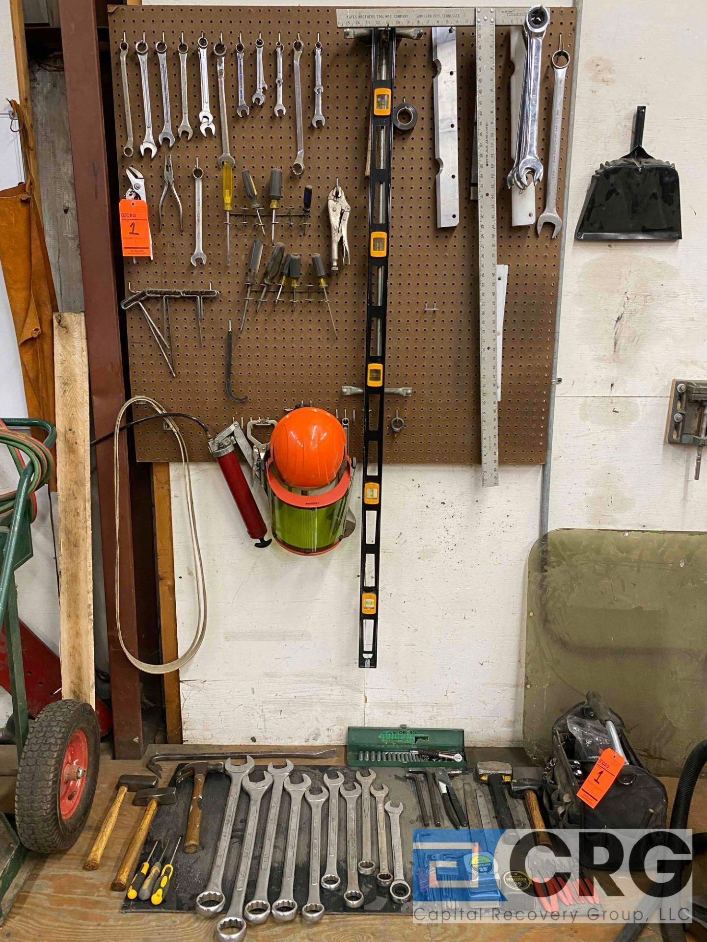 Lot of assorted hand tools, including wrenches, tapes, cutters, hammers, levels, screwdrivers,