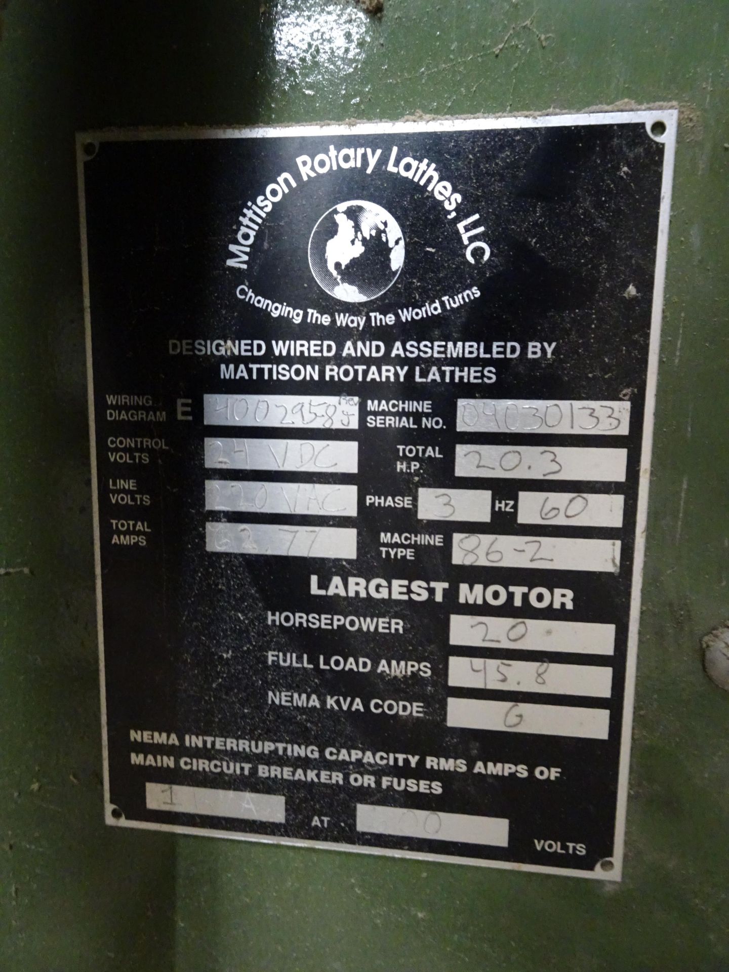 Mattison Model 86 20 HP 48" Rotary Lathe - Image 7 of 7