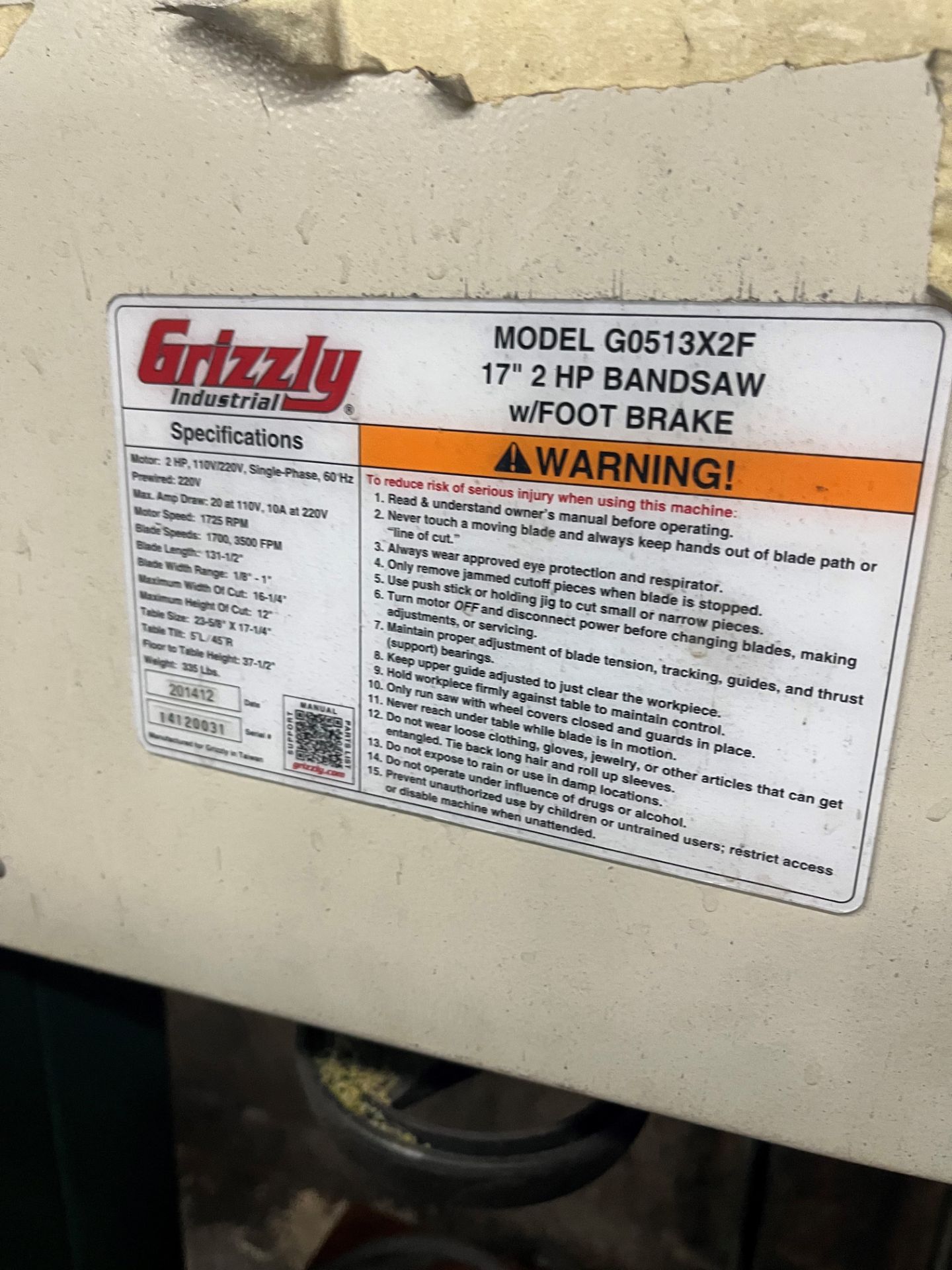Grizzly Model G0513X2F vertical band saw - Image 2 of 2