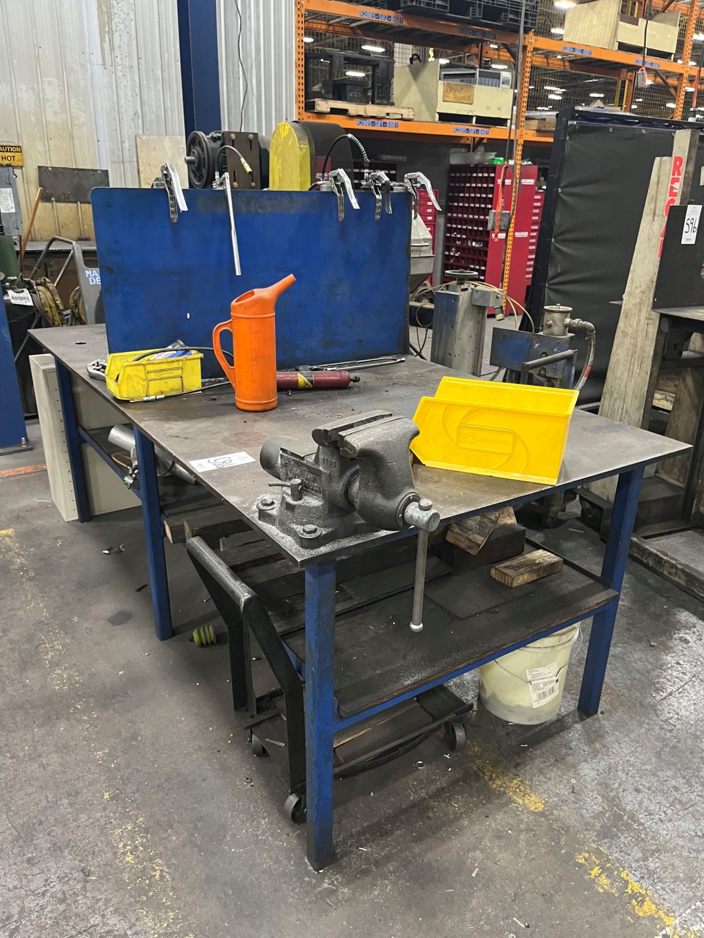 Metal shop table with 6" vise Shaper test bench