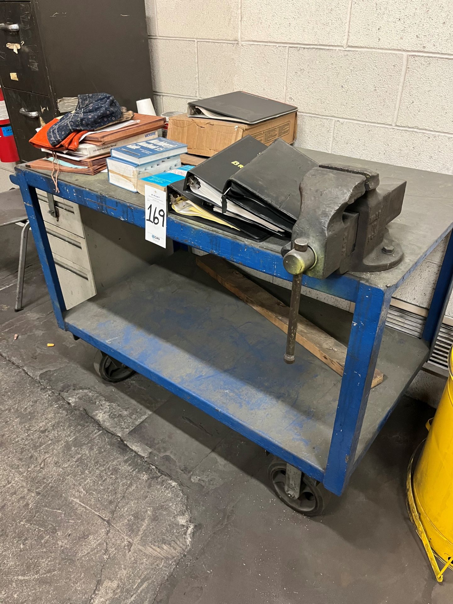 Rolling cart with vise and two file cabinets