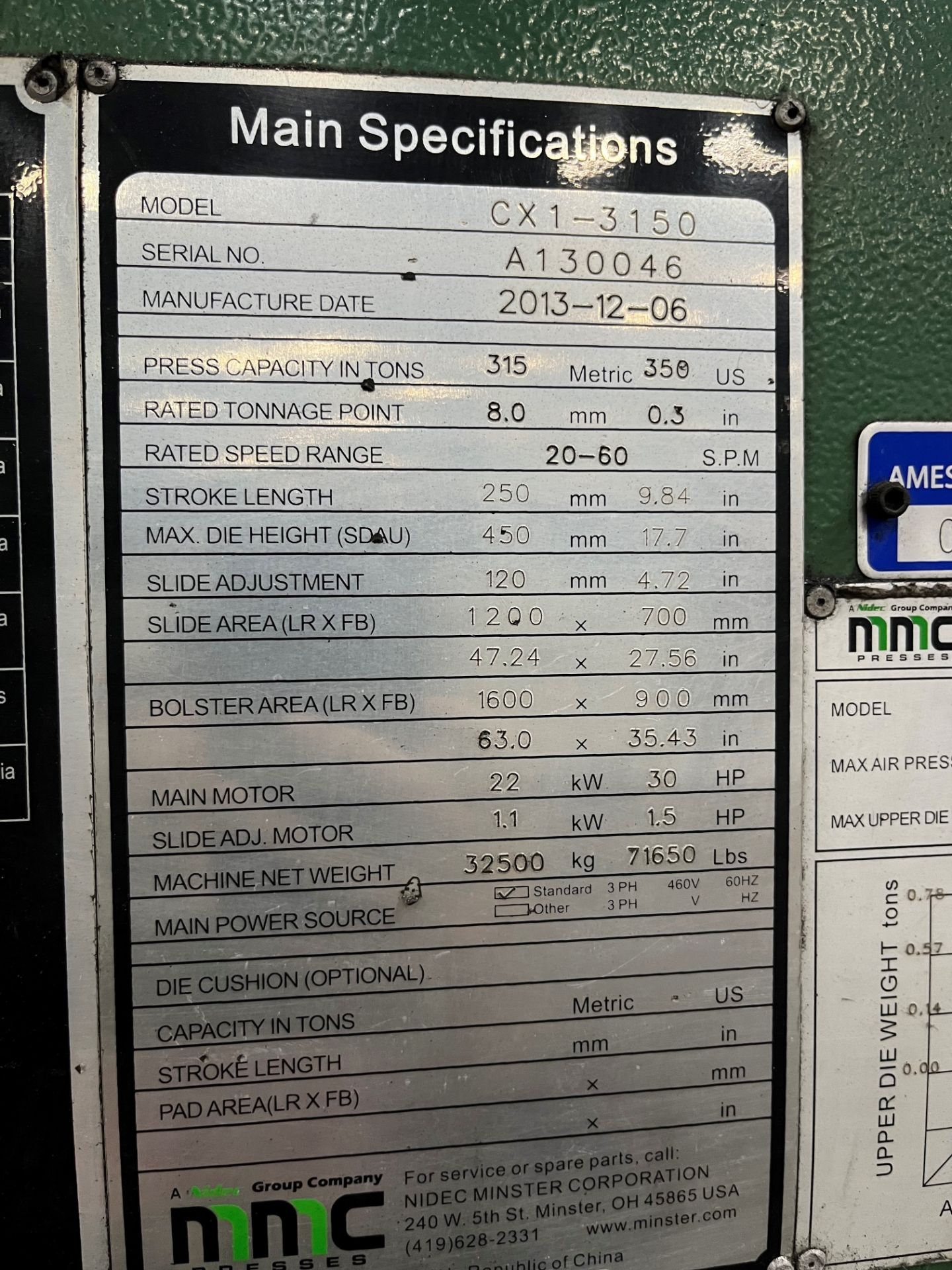 Nidec Minster MMC CX1-3150 Type L OBS Gap Frame Press - Image 4 of 6