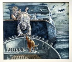 Graham Oakley (British 1928-2022), Sampson the cat and the church mice on a boat, escaping from a