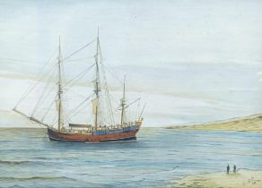 G Kite, a moored ship near the coast, watercolour, signed and dated '94, 16 x 22 cm, 40 x 45 cm