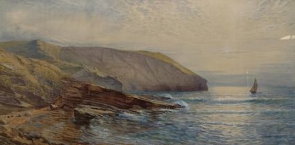 C R Aston, Trebarwith, Cornwall, watercolour, signed, 64 x 30 cm, label verso