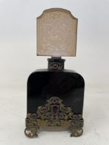 An Art Nouveau engraved glass perfume bottle, with gilt metal mounts, 18 cm high