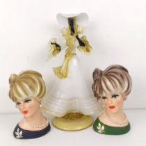 A pair of Napcoware novelty vases, in the form of a woman's head, 22 cm high, and a Murano style