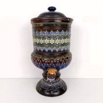 A Doulton Lambeth stoneware water filter, decorated stylised flowers, 40 cm high shallow chips to