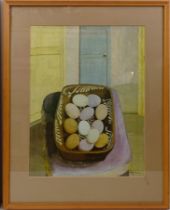 An abstract print, 87 x 57 cm, and a Cedric Morris print, still life of eggs, 54 x 38 cm (2)