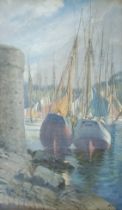 20th century school, Continental school, boats in a harbour, pastel, 69 x 38 cm