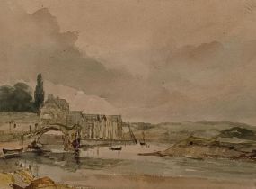 19th century, English school, a river with a ruin, watercolour, 24 x 30 cm