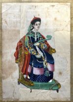 A Chinese pith picture of a woman on a throne, 24 x 17 cm