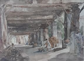 Sir William Russell Flint, ladies in a courtyard, print, signed in pencil, 53 x 70 cm
