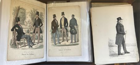 A group of assorted 19th century fashion and other plates, loose and in books (box)